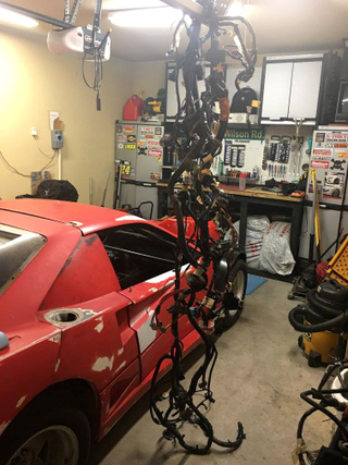 A large chunk of the wiring harness that mated to the 3800SC briefly got a place of honor hanging from the garage ceiling.